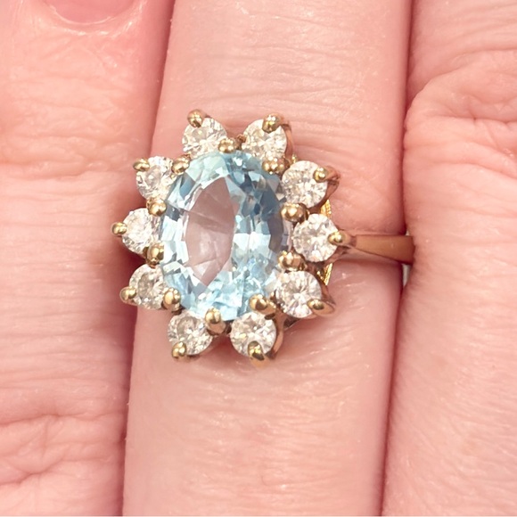 Jewelry - Vintage 10K Blue White Topaz Flower Cluster Ring, Sky Light Oval Size 5.5